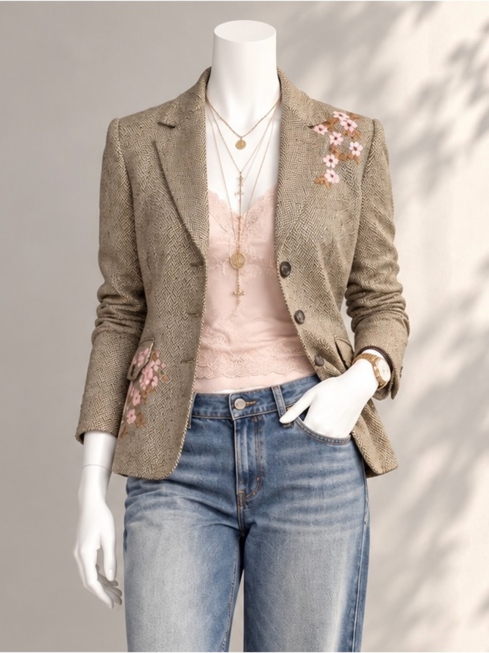 American Eagle Vintage Blazer M Brown Herringbone Floral Preppy Academia Jacket